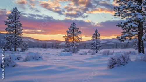 Over a snow-covered field, a beautiful winter sunrise greets you
