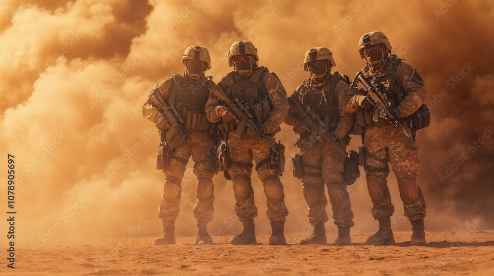 Four soldiers in full tactical gear stand side by side in a desert environment, surrounded by thick clouds of sand and dust, ready for action in a rugged and intense atmosphere Four soldiers in full tactical gear stand side by side in a desert environment, surrounded by thick clouds of sand and dust, ready for action in a rugged and intense atmosphere
