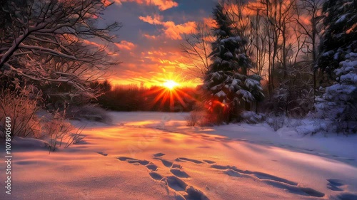Over a snow-covered field, a beautiful winter sunrise greets you
