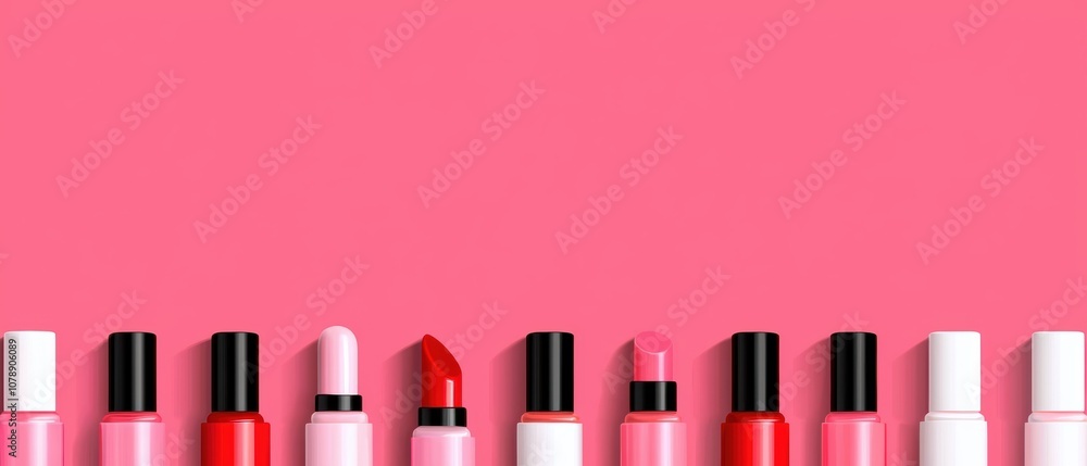 Minimalist cosmetic collection, nail polish with other beauty products, flat design illustration Minimalist cosmetic collection, nail polish with other beauty products, flat design illustration