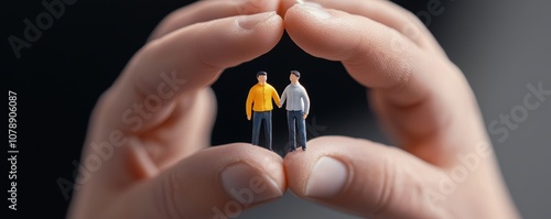 Miniature people in protective hands illustrating empathy safety and a nurturing approach to community or workplace environments photo