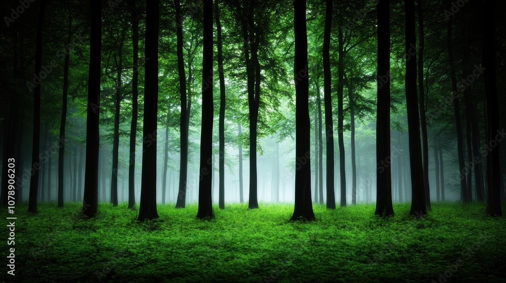 Naklejka premium Misty Ancient Forest with Tall Trees