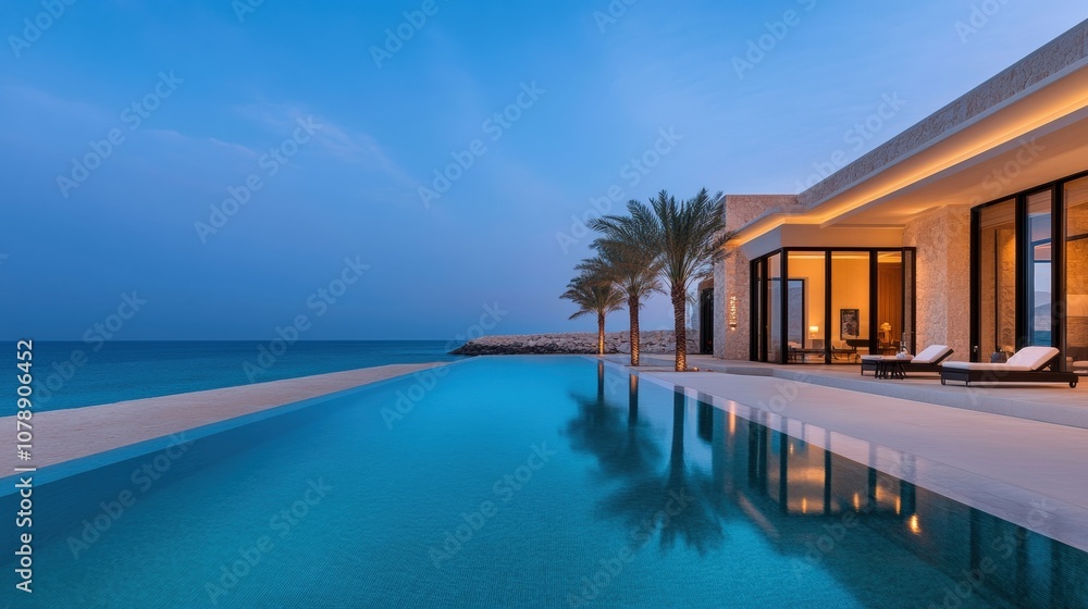 Serene Twilight Oasis with Palm Trees and Pool Serene Twilight Oasis with Palm Trees and Pool