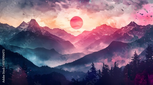 A layered landscape collage with mountain silhouettes, cosmic textures, and watercolor splashes, creating a mystical, dreamlike design. Cinematic Scene, 4k resolution, cinematic scene