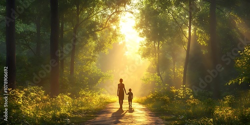 Sunlight Streaming Through Forest Trees with Mother and Son Walking on Path - Illustration
