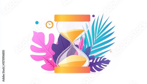 Time management, vibrant hourglass with flowing sand, flat design illustration photo