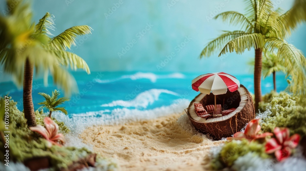 Obraz premium Cozy Beach Scene with Miniature Coconut Shell Chair, Umbrella, and Tropical Plants on Bright Sandy Shore