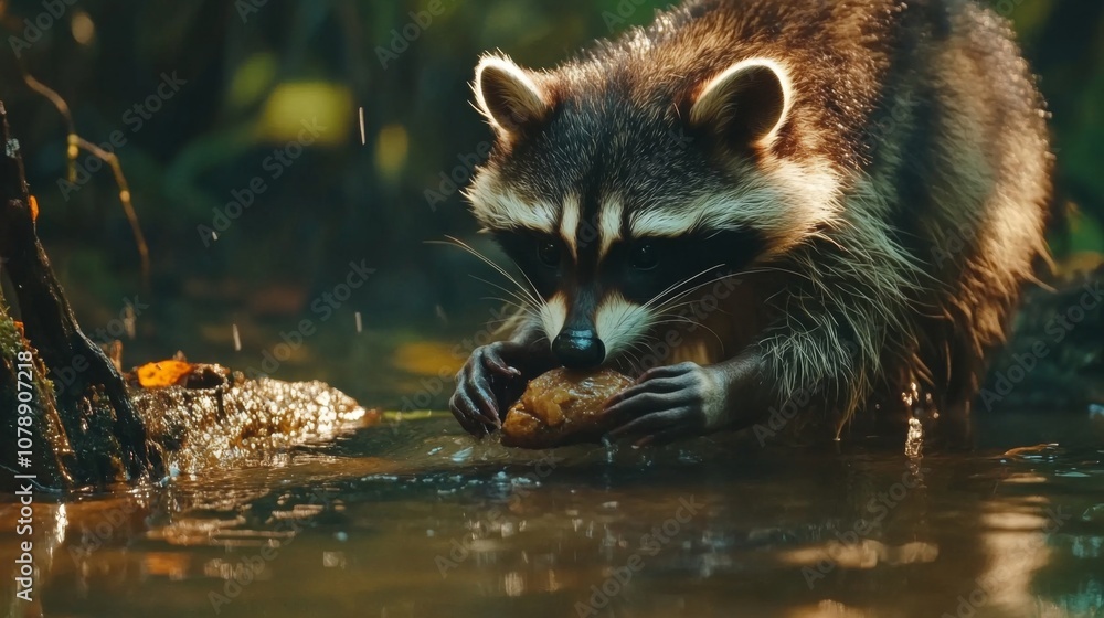 Raccoon Eating in Forest Stream - Wildlife Photography Raccoon Eating in Forest Stream - Wildlife Photography