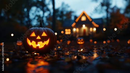 Halloween holiday carved pumpkin and decorated family home building photo