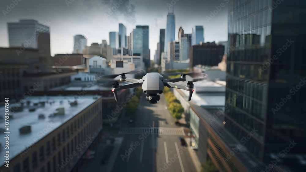 Fototapeta premium Aerial view of city skyline with drone casting shadow over buildings, empty streets symbolizing state of alert.