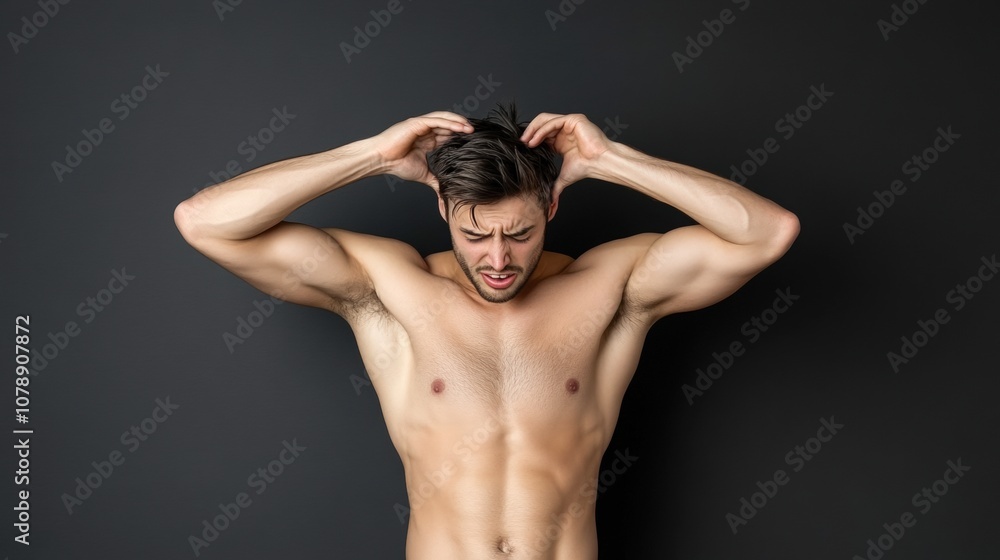 A muscular man with an expressive face clutches his head, portraying a sense of frustration or stress against a dark background, This image suits mental health articles, fitness discussions A muscular man with an expressive face clutches his head, portraying a sense of frustration or stress against a dark background, This image suits mental health articles, fitness discussions