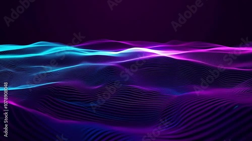 Abstract gradient particle waves seamlessly flowing with soft purple light and bokeh. Orange and blue digital waves. Technology, engineering, science, and artificial intelligence background. 4k loop.