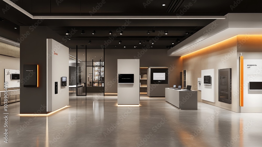 Modern Exhibition Space Featuring Sleek Displays and Innovative Technology Showcasing Cutting-Edge Products in an Elegant and Sophisticated Environment Modern Exhibition Space Featuring Sleek Displays and Innovative Technology Showcasing Cutting-Edge Products in an Elegant and Sophisticated Environment