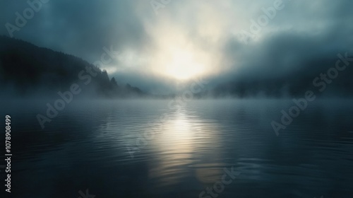 Misty Morning Lake with Silhouetted Trees