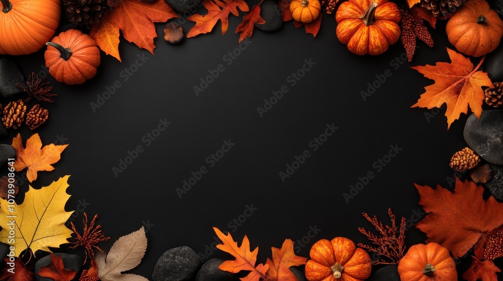 Fototapeta premium Autumn-Themed Pumpkin Border Featuring Warm Halloween Colors with Leaves and Gourds Perfect for Seasonal Decor and Festive Celebrations