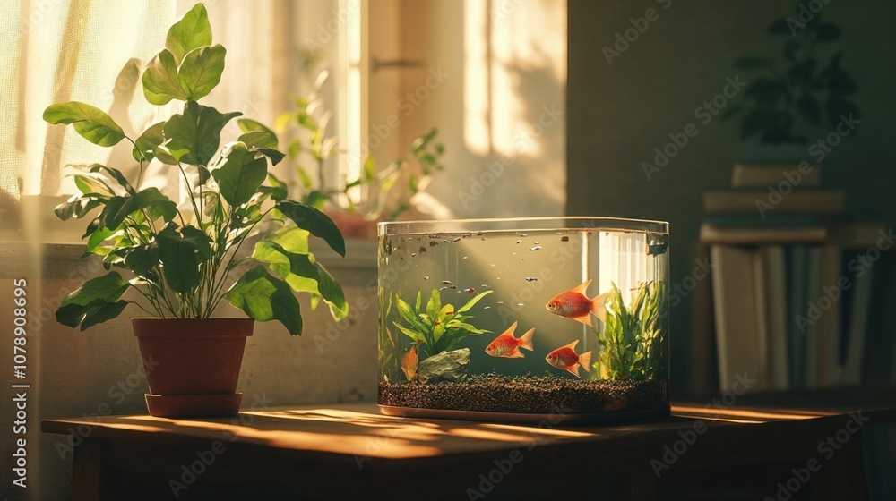 A cozy room with sunlight streaming onto a small aquarium with goldfish, next to a potted green plant on a wooden table, creating a warm and peaceful atmosphere A cozy room with sunlight streaming onto a small aquarium with goldfish, next to a potted green plant on a wooden table, creating a warm and peaceful atmosphere
