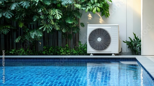 A white air conditioner unit sits next to a swimming pool in a lush, tropical garden.