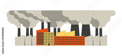 Production plant with large smog cloud 2D cartoon object. Industrial complex damaging environment with toxic pollutants isolated element flat vector clipart on white background. Spot illustration