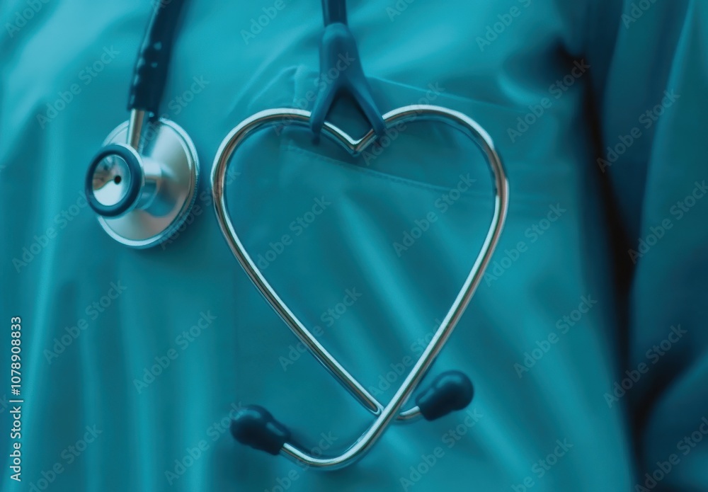 A doctor's stethoscope is shaped like a heart. The stethoscope is blue and silver A doctor's stethoscope is shaped like a heart. The stethoscope is blue and silver