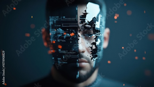 Facial recognition interface with fragmented face, concept of identity vulnerability, personal privacy risks, modern tech invasion photo