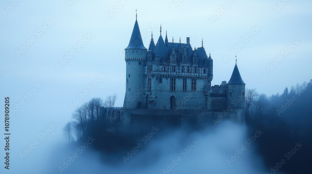 A majestic castle shrouded in mist. A majestic castle shrouded in mist.