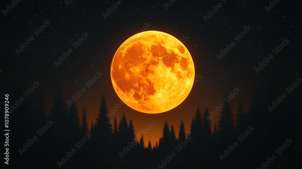 Fototapeta premium A bright orange moon rises above a dark forest silhouette, illuminated against a starry night sky.