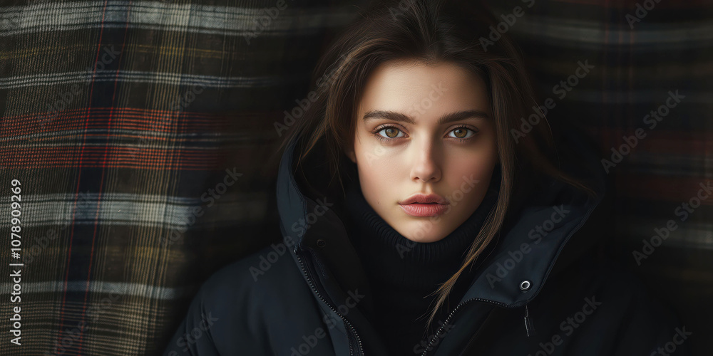 Portrait of a young woman in warm winter clothing against a plaid background Portrait of a young woman in warm winter clothing against a plaid background