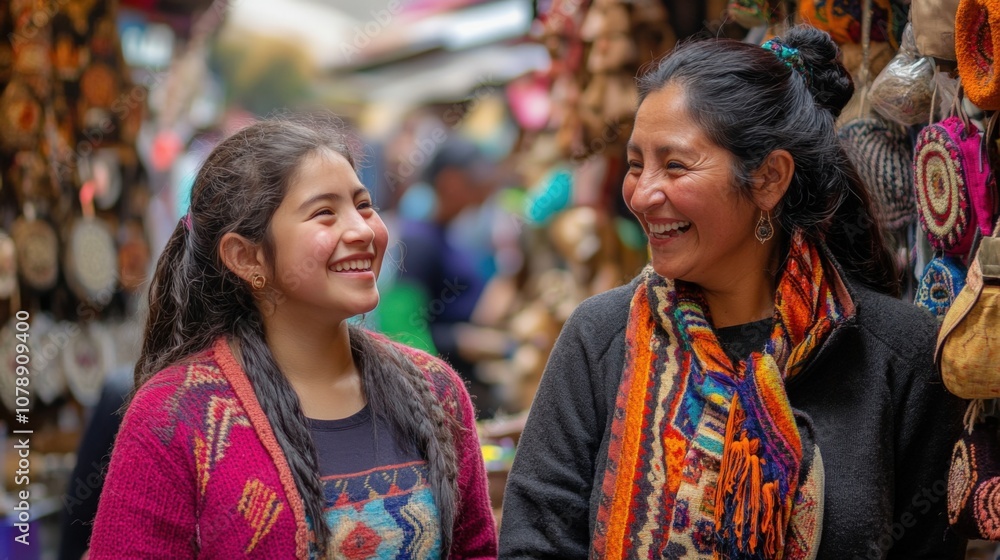 Smiling Woman and Girl in Colorful Clothing at Market Smiling Woman and Girl in Colorful Clothing at Market