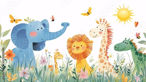 Cute Watercolor Animal Friends in a Meadow with Sun and Butterflies