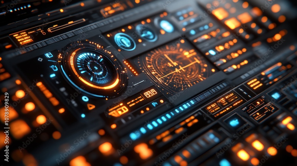 Obraz premium Futuristic interface with glowing orange and blue gauges.