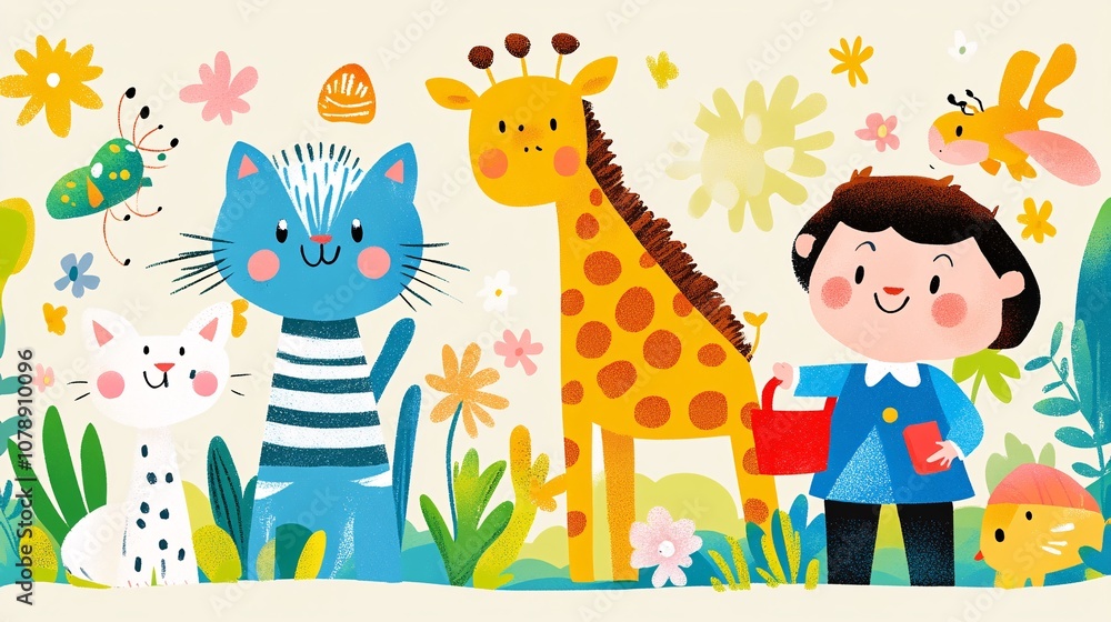 Naklejka premium Colorful Illustration of Children and Animals in a Garden Setting
