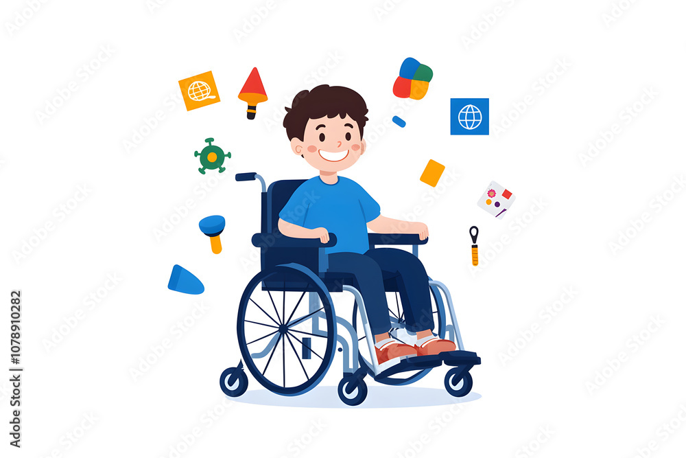 Handicapped kid boy sitting in a wheelchair flat illustration isolated on white Handicapped kid boy sitting in a wheelchair flat illustration isolated on white