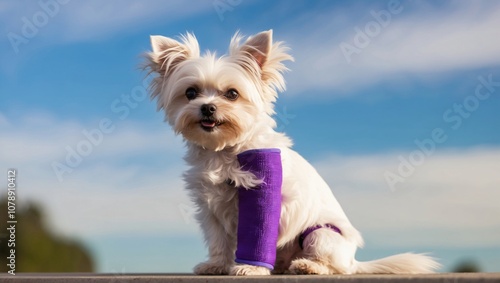 Mischievous Maltese Dog with Purple Cast Enjoying a Sunny Day Outdoors in a Beautiful Setting, Radiating Playful Energy and Joyful Spirit