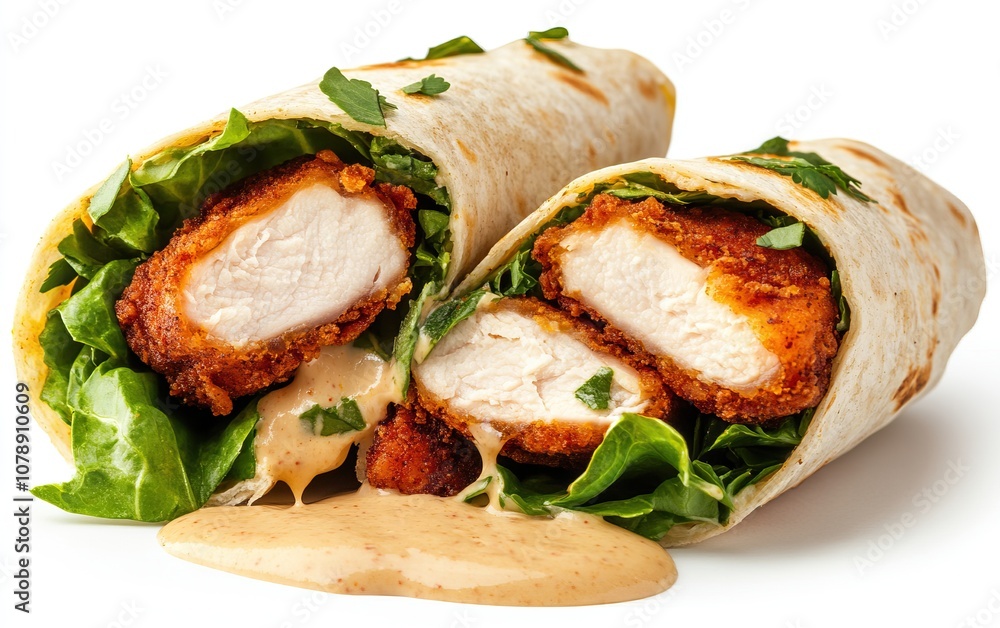 Crispy chicken wrapped in a tortilla with fresh greens, drizzled with a savory sauce, creating a delicious, wholesome meal. Crispy chicken wrapped in a tortilla with fresh greens, drizzled with a savory sauce, creating a delicious, wholesome meal.