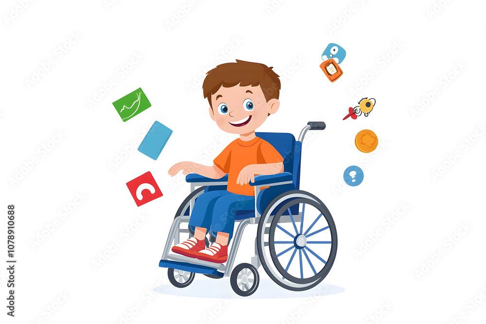 Handicapped kid boy sitting in a wheelchair flat illustration isolated on white Handicapped kid boy sitting in a wheelchair flat illustration isolated on white