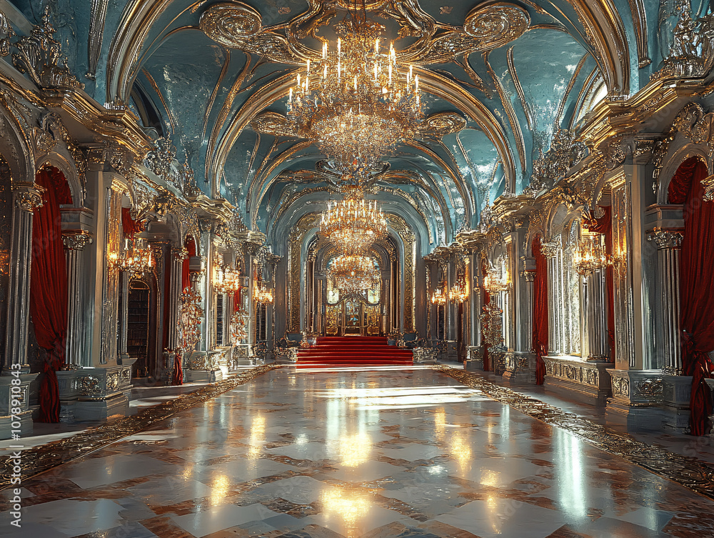 Obraz premium a luxurious library with a high ceiling and ornate decorations. The library is filled with books and has a large window.