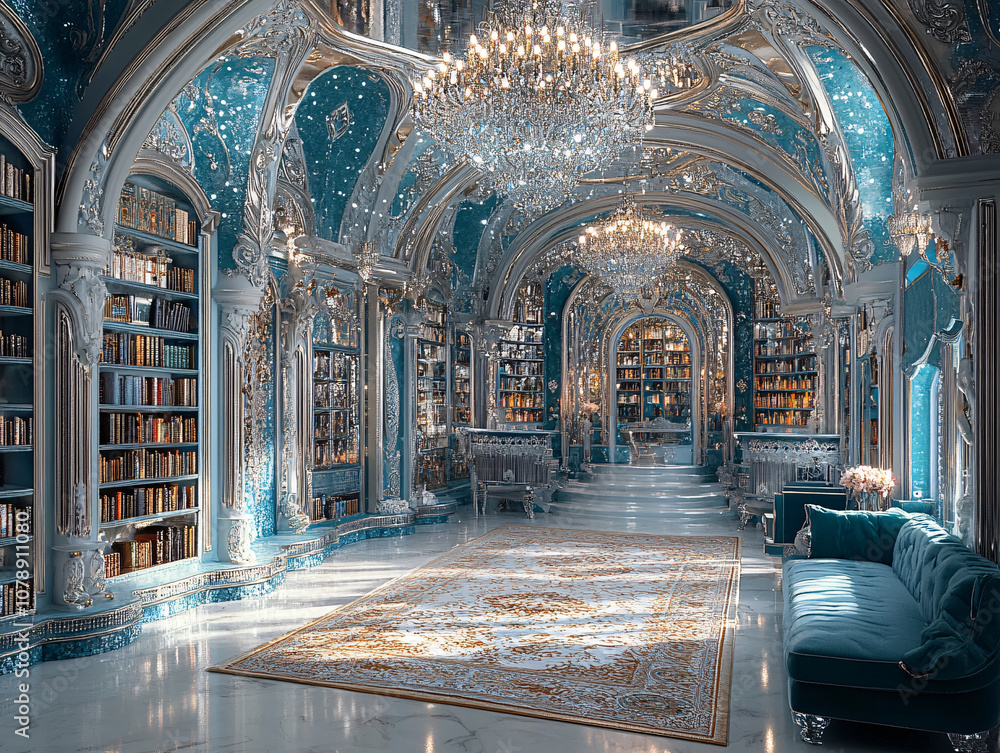 Fototapeta premium a luxurious library with a high ceiling and ornate decorations. The library is filled with books and has a large window.