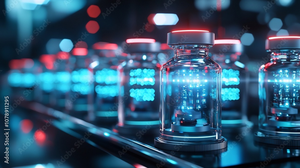 Futuristic Pharmacy with Glowing Nanobot Infused Medications in Tailored Bottles for Medical Treatments Futuristic Pharmacy with Glowing Nanobot Infused Medications in Tailored Bottles for Medical Treatments
