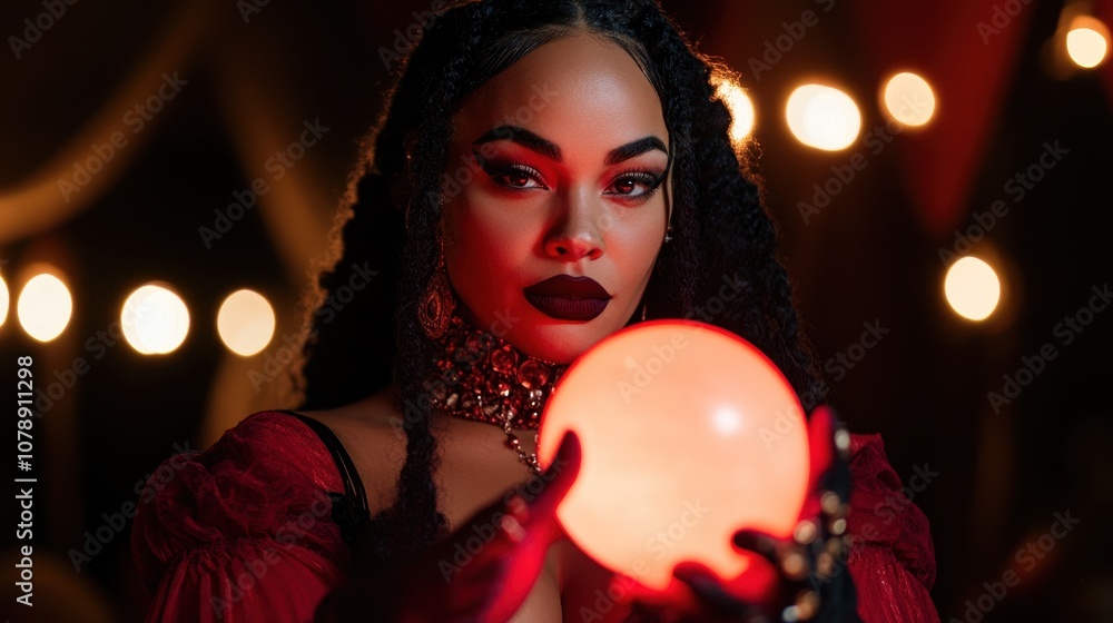 A young woman poses in a dimly lit space, surrounded by glowing orbs. Holding a crystal ball, she exudes mystery in a flowing red garment, perfect for themes of mysticism and allure. A young woman poses in a dimly lit space, surrounded by glowing orbs. Holding a crystal ball, she exudes mystery in a flowing red garment, perfect for themes of mysticism and allure.