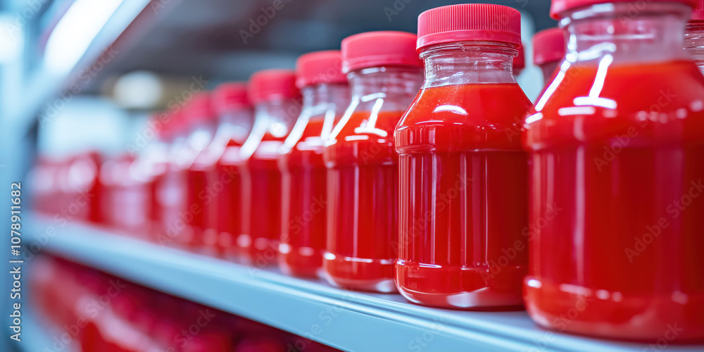 Vibrant red juice bottles on display in supermarket aisle Vibrant red juice bottles on display in supermarket aisle