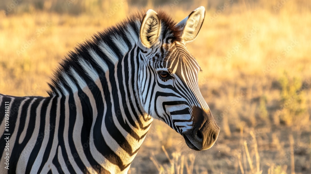 Naklejka premium Striped Beauty: A Zebra Portrait in Golden Light