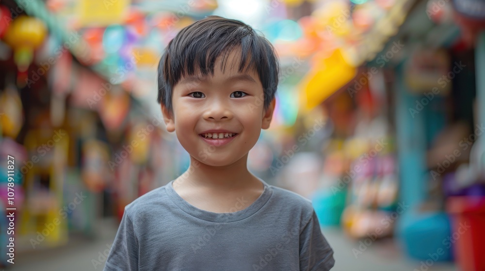 A cheerful Asian boy stands amidst vibrant colors, his eyes sparkling with wonder and innocence A cheerful Asian boy stands amidst vibrant colors, his eyes sparkling with wonder and innocence
