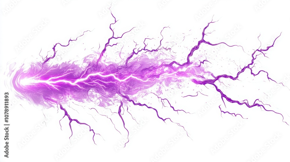 Striking Purple Lightning Bolt Against White Background, Abstract Energy Burst with Bright Colorful Visuals Ideal for Design and Creative Projects Striking Purple Lightning Bolt Against White Background, Abstract Energy Burst with Bright Colorful Visuals Ideal for Design and Creative Projects