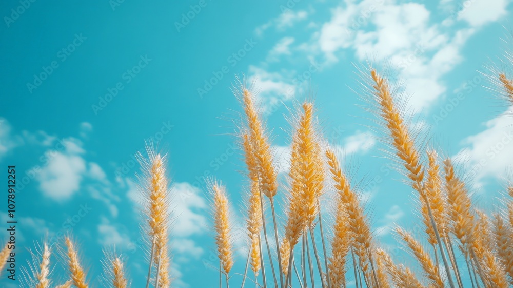 Tall and yellow wheat plants, bright blue sky background Tall and yellow wheat plants, bright blue sky background