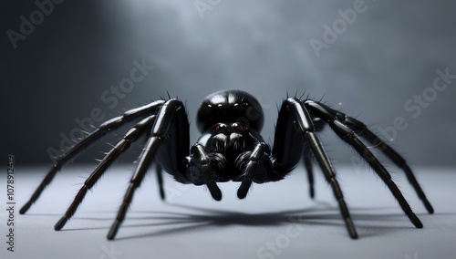 black spider set against a smooth, neutral grey background