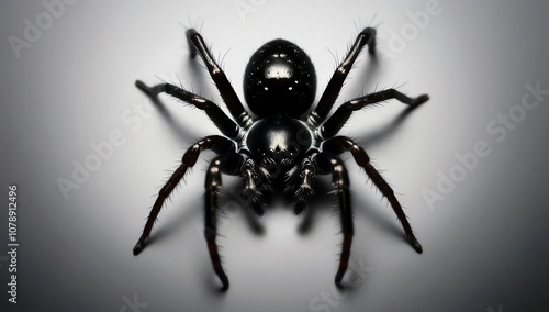 black spider set against a smooth, neutral grey background