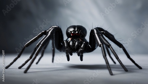 black spider set against a smooth, neutral grey background