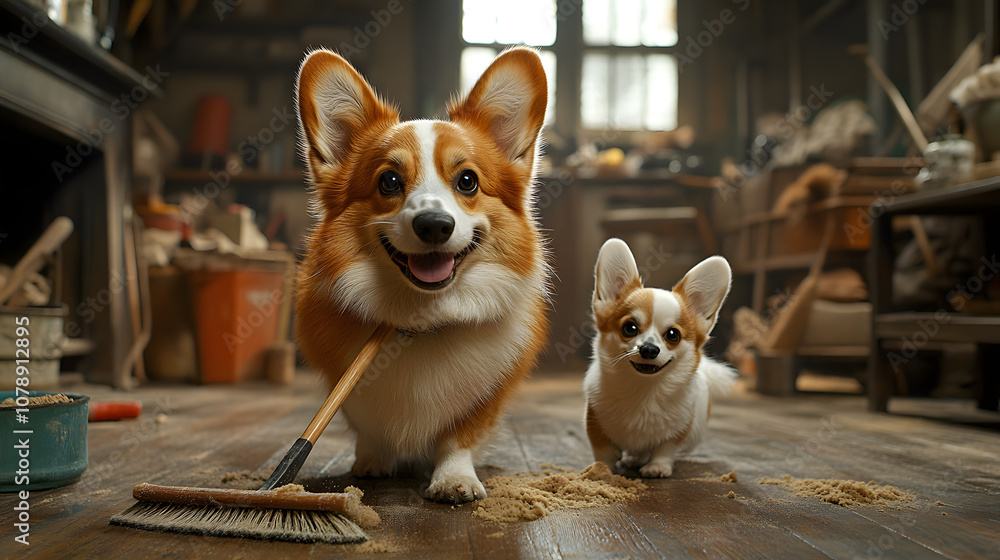 A dog is standing on the floor, holding a long broom in its mouth
A dog is standing on the floor, holding a long broom in its mouth
