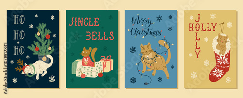 Set of festive Christmas banner with funny cats in holiday scenes with slogan as Ho Ho Ho, Jingle Bells, Merry Christmas and Jolly Holly. Vector illustrations in flat style on colorful backgrounds