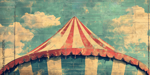 Vintage circus tent against cloudy sky - nostalgic and whimsical abstract art